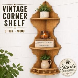 Vintage Wooden Corner Shelf 3 Tier Wall Shelf Spindle Trim Rustic Display